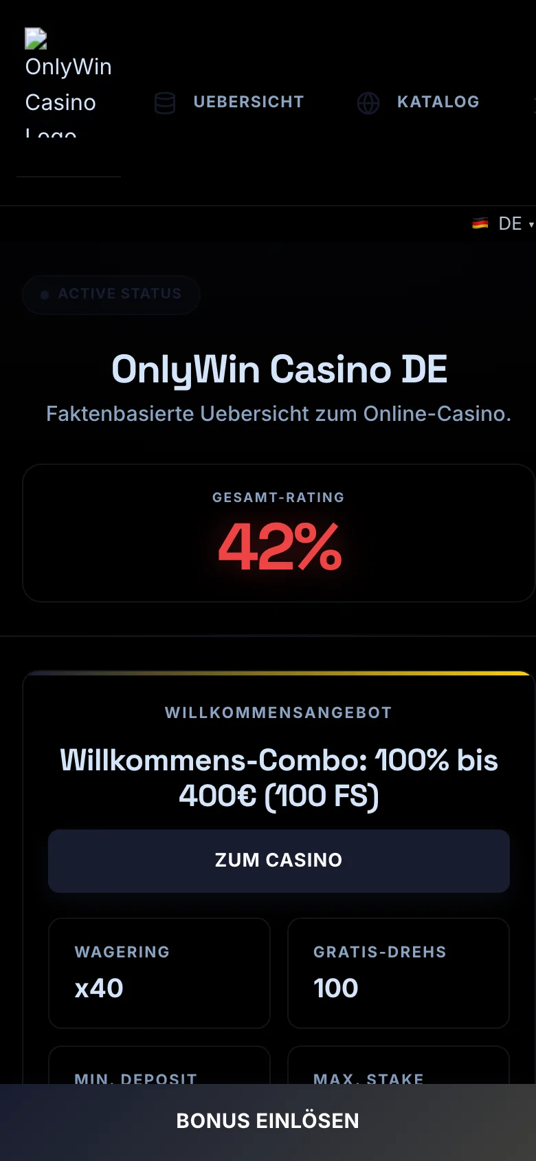 OnlyWin Casino mobile lobby screenshot